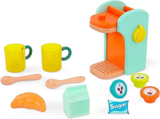 B. toys- Café au Play- Pretend Play Wooden Coffee Maker for Kids- Wooden Coffee Machine Set – 10 Pretend Play Accessories – Kitchen Play Set – 2 Years +