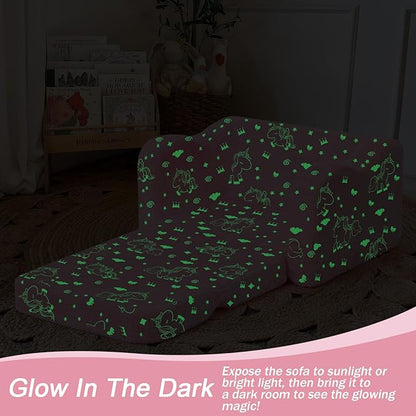 MeMoreCool Glow-in-The-Dark Unicorn Kids Couch – Soft Plush Folding Toddler Chair and Fold-Out Recliner for Boys and Girls