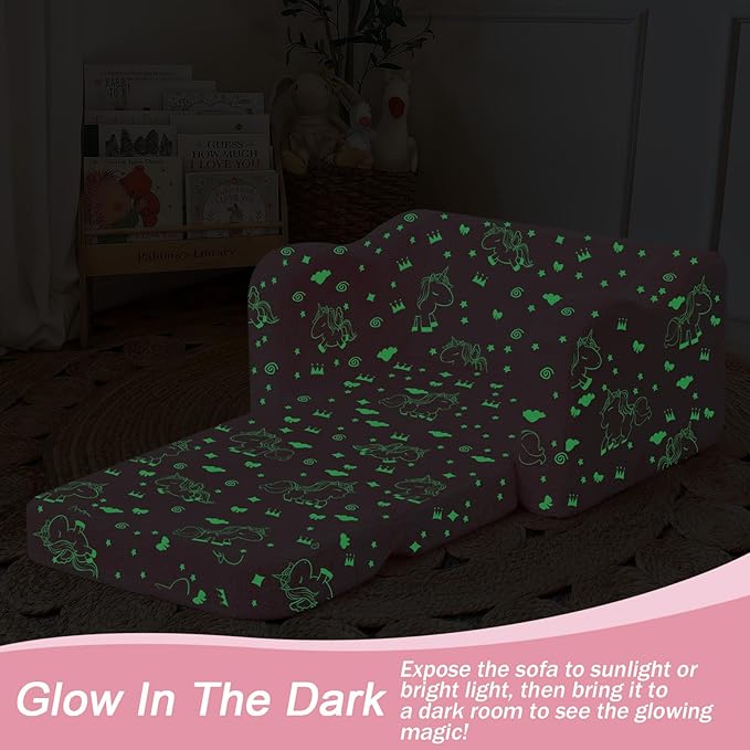 MeMoreCool Glow-in-The-Dark Unicorn Kids Couch – Soft Plush Folding Toddler Chair and Fold-Out Recliner for Boys and Girls