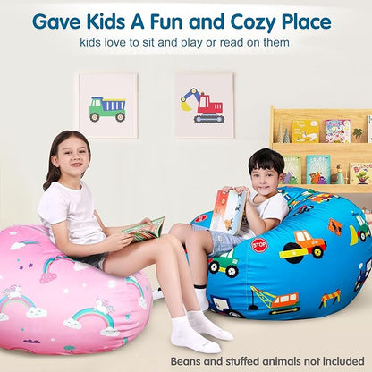 Lukeight Stuffed Animal Storage Bean Bag Chair Cover for Kids, Construction Zipper Beanbag Chair Cover for Organizing Toddler and Kids' Rooms Plush Toys (Construction Velvet, Large)