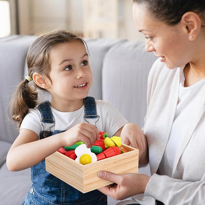 Holicolor 40pcs Wooden Play Food, Pretend Play Food Sets for Kids Kitchen, Cutting Fake Food Toy Educational Play Kitchen Food with Fruits and Vegetables for Toddler Birthday Gift