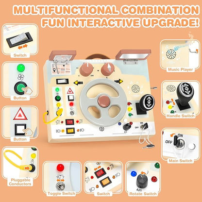 Joyreal Montessori Toddler Busy Board - Montessori Toys for 1 2 3 Years Old, Wooden Sensory Board with LED Lights, Steering Wheel, Music Player, Travel Toys for 1+ Year Old Boy & Girl Birthday Gift