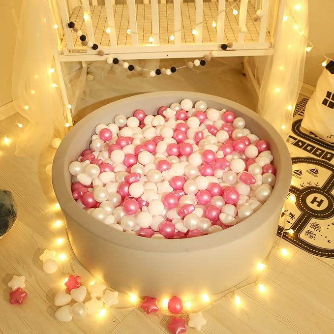 GOGOSO 100 Pieces Star Ball Pit Balls Plastic Phthalate&BPA Free Stress Balls for Toddlers and Kids Playhouse Ball Pit Accessories, Pearl Purple+Pearl Gray+Gray+White