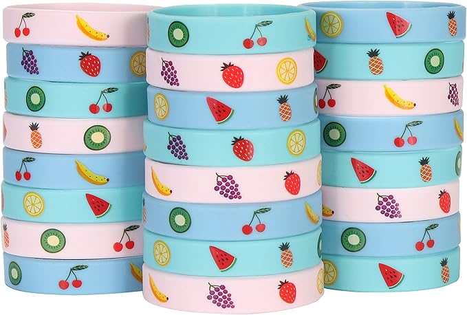 Cleverplay 24 Pack Tutti Frutti Fruit Silicone Wristbands Bracelets, Summer Tropical Fruit Themed Birthday Party Favors for Kids