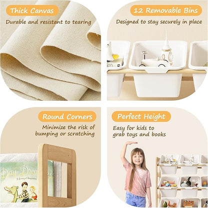 EXPERLAM Toy Storage Organizer with Bookshelf - 12 Storage Bins 4-Tier Multipurpose Shelf to Organize Toys and Books for Kids Room, Playroom, Nursery Room, White
