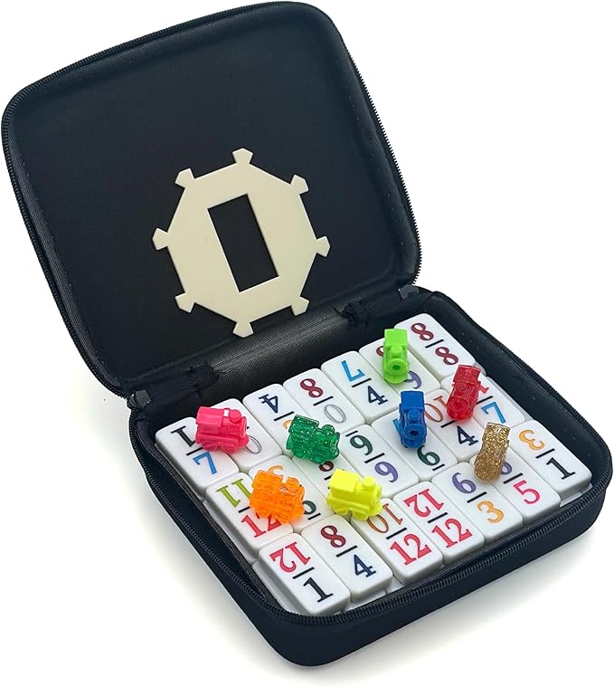 Double 12 Mexican Train Number Dominoes to Go Travel Size with Zip Up Case, Hub & 8 Domino Trains