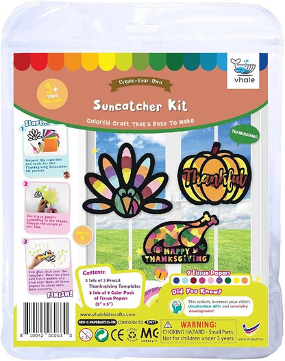 VHALE Suncatchers Craft 3 Sets (9 Cutouts) w Tissue Papers Stained Glass Effect Paper Sun Catcher Kit, Window Art, Classroom Crafts, Creative Art Projects, Kids Party Favors (Thanksgiving)