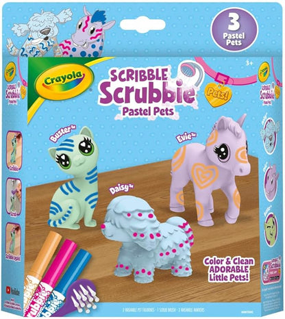 Crayola Scribble Scrubbie Pastel Pets (3ct), Grooming Animal Toy for Kids, Washable Animal Figurine, Kids Gift, Toys for Girls & Boys, 3+