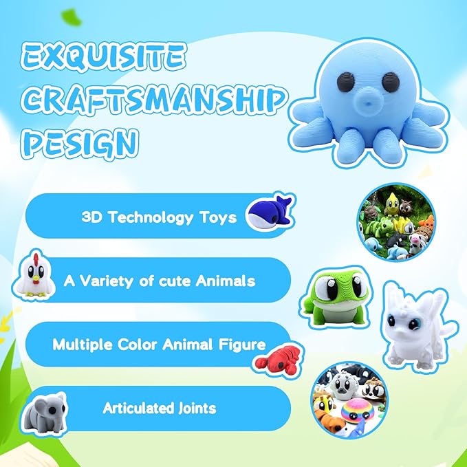 50 Pcs Mini 3D Printed Animals Figurines Set, 3D Printed Toys for Kids, Easter Basket Stuffers for Boys and Girls, School Classroom Prizes, Party Favors, Flexible Articulated Fidget Toys