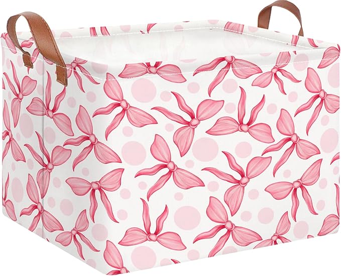 NTAOHAMPER Rectangular Storage Basket Empty,Toys Storage Bin with Handles,Baby Room Decor,Gift Basket,Book Box(Pink Bowknot)