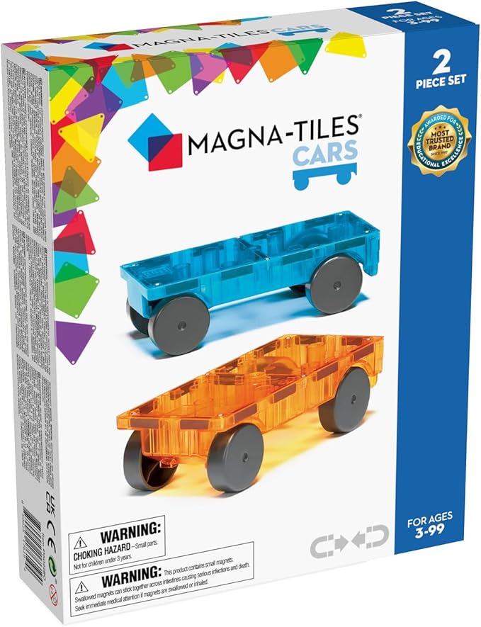MAGNA-TILES Cars – Blue & Orange 2-Piece Magnetic Construction Set, The Original Magnetic Building Brand