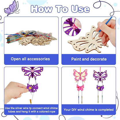 Fennoral 12 Pack Butterfly Wind Chime Kits for Kids Make Your Own Hollowed Out Butterfly Wind Chime DIY to Paint Butterfly Wooden Arts and Crafts for Kids Spring Winter Art Activity Birthday Party