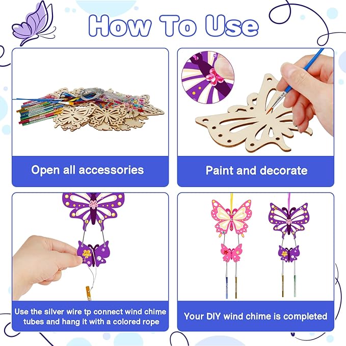 Fennoral 12 Pack Butterfly Wind Chime Kits for Kids Make Your Own Hollowed Out Butterfly Wind Chime DIY to Paint Butterfly Wooden Arts and Crafts for Kids Spring Summer Art Activity Birthday Party