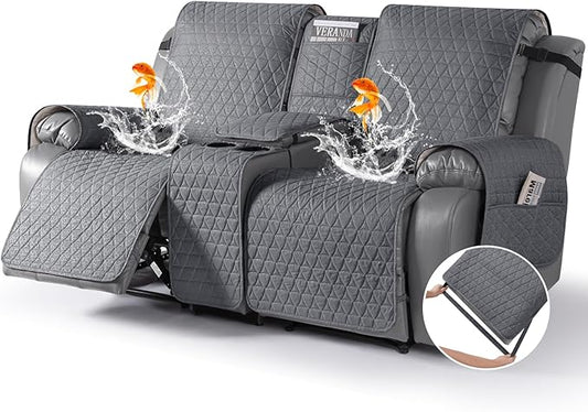 TAOCOCO 100% Waterproof Recliner Cover -Loveseat Recliner Cover with Center Console,Non-Slip Reclining Couch Covers for 2 Seat,with Elastic Straps Pocket for Kids, Dogs (Dark Gray, 2 Seater XL)