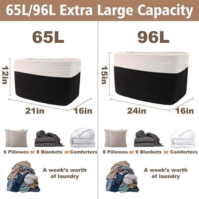 JMvicyroam Woven Blanket Basket,96L Large Storage Bin for Blankets Toys Clothes,Decorative Rope Basket for Living Room Bedroom with Handles, White&Black