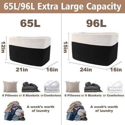 JMvicyroam Woven Blanket Basket,96L Large Storage Bin for Blankets Toys Clothes,Decorative Rope Basket for Living Room Bedroom with Handles, White&Black