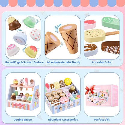Ehome Wooden Ice Cream Toys Set Pretend Play Food Store for Kids Serve Ice Cream Counter Shop Kitchen Playset with Lucky Wheel, Scoop, Menu, Fake Money for Boys and Girls Ages 3 4 5 6