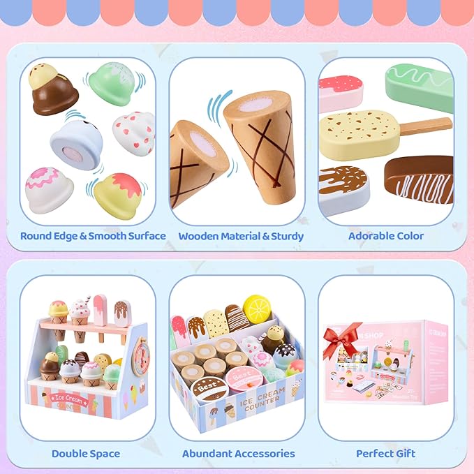 Ehome Wooden Ice Cream Toys Set Pretend Play Food Store for Kids Serve Ice Cream Counter Shop Kitchen Playset with Lucky Wheel, Scoop, Menu, Fake Money for Boys and Girls Ages 3 4 5 6