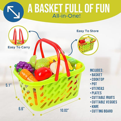 FUNERICA Durable Cuttable Play Food Grocery Shopping Basket, Kids Play Fruits and Vegetables Sets with Mini Cooking Top, Pot, Dishes, and Utensils Kids Kitchen Toys