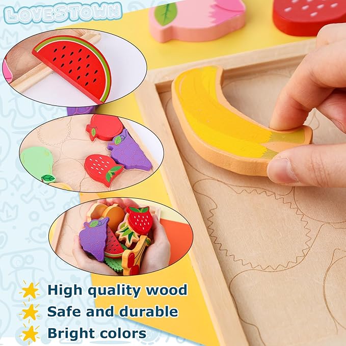 LovesTown 12PCS Fruit Shape Puzzles, Educational Toy Wooden Chunky Jigsaw Puzzles for Gift