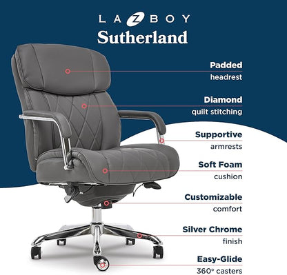 La-Z-Boy Sutherland Quilted Leather Executive Office Chair with Padded Arms, High Back Ergonomic Desk Chair with Lumbar Support, Grey Bonded Leather