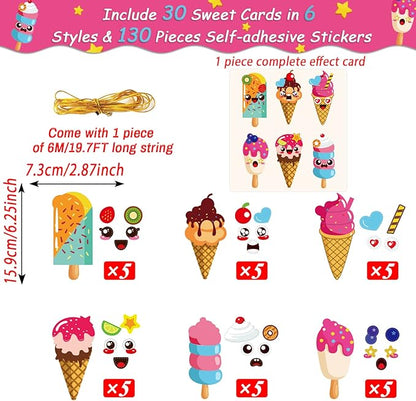 30 Packs Summer Ice Cream Craft Kits for Kids Sweets DIY Sticker Art Craft Set for Early Education Home Class Day-Care Fun Game Activities Summer Party Favors