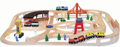 Melissa & Doug Wooden Railway Set, 130 Pieces - Wooden Train Set for Toddlers Ages 3+