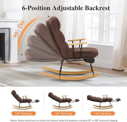 Rocking Chair with Footrest-Glider Rocker Chair with Retractable Footrest and Adjustable Backrest, Teddy Upholstered Rocking Chair, Modern Accent Chair for Living Room/Nursery/Bedroom/Outdoor-Brown