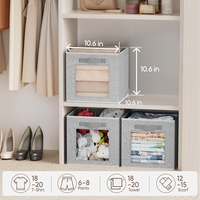 Homsorout Foldable Storage Cubes - Square Organizer with Window, Decorative Baskets for Organizing, Fabric shelf Basket for Clothes, 11 Inch Closet Storage Cubes, Set of 12, Light Grey