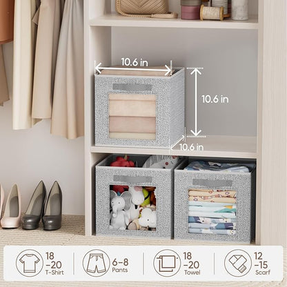 Homsorout Foldable Storage Cubes - Square Organizer with Window, Decorative Baskets for Organizing, Fabric shelf Basket for Clothes, 11 Inch Closet Storage Cubes, Set of 12, Light Grey