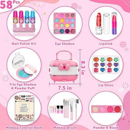 Hollyhi 58 Pcs Kids Makeup Kit for Girl, Princess Toys Real Washable Cosmetic Set with Mirror, Kids Makeup Sets for Girls, Play Make Up Birthday Gifts for 3 4 5 6 7 8 9 10 11 12 Years Old Kid (Pink)