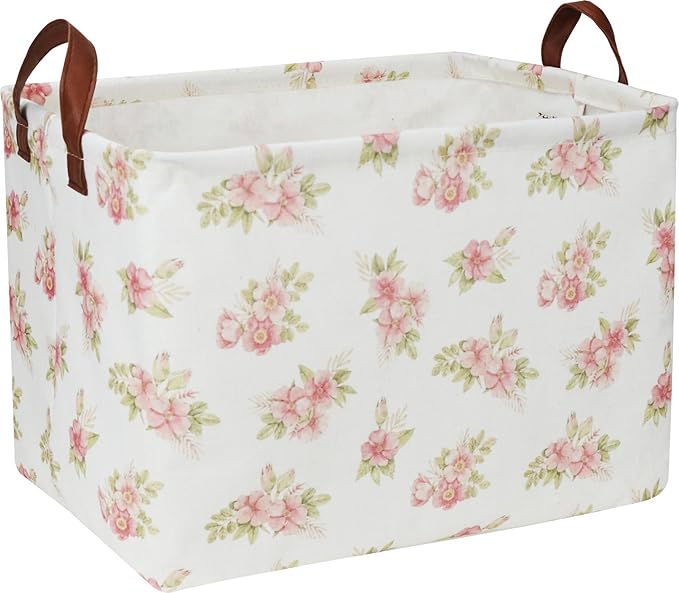 NTAOHAMPER Rectangular Pink Flower Basket for Girls, Storage Bin with Handles, Room Decor, Gift Basket(Pink Flower)