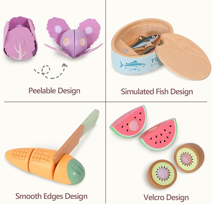 WHOHOLL Play Food Set for Play Kitchen Accessories, Wooden Toys Food Pretend Cutting Food with Apron, Montessori Toys for 1+ Years Old Girls Boys Eye-Protection Learning Resources