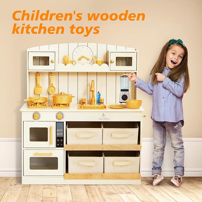 Play Kitchen for Kids, Wooden Play Kitchen with Fabric Storage Bins, Sink and Burner, Microwave Oven, Toy Kitchen Set with Plenty of Play Features Accessories, Gifts for Ages 3-8