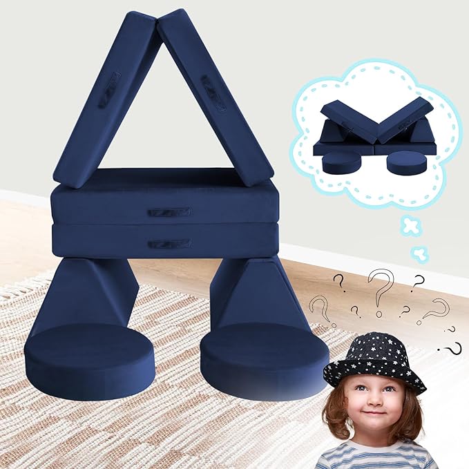 MeMoreCool Modular Kids Couch for Playroom, Navy Foam Play Couch for Toddlers, Building Fort Explorer Sofa