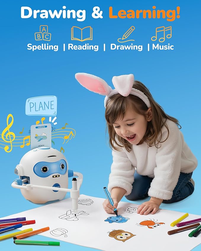 Drawing Robot for Kids, Rechargeable 4-in-1 Draw/Learn/Spell/Music Interactive Educational Robot Drawing Machine with 100 Cards & 12 Color Pens, Learning Toys for 3-8 Year Old Boys Girls Birthday Xmas