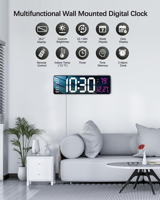 Modern 16" Large Digital Wall Clock with Remote Control, LED Display, Auto-Dimming, Countdown, Temperature, Calendar - 12/24Hr Format - Silent Wall Clock for Home, Office, or Gym Use (Pink)