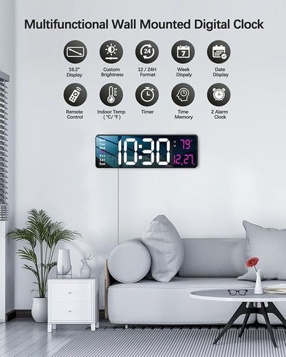Modern 16" Large Digital Wall Clock with Remote Control, LED Display, Auto-Dimming, Countdown, Temperature, Calendar - 12/24Hr Format - Silent Wall Clock for Home, Office, or Gym Use (Pink)