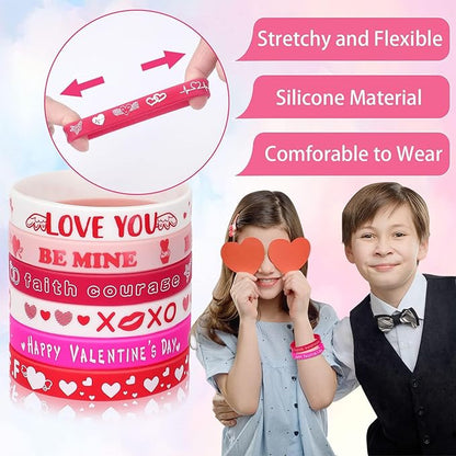 JUNEBRUSHS 42pcs Valentine's Day Party Favors Silicone Bracelets Pink Red Love Heart Rubber Wristbands Accessories for Adults Valentine's Day Party Decorations Gift (6 Designs)