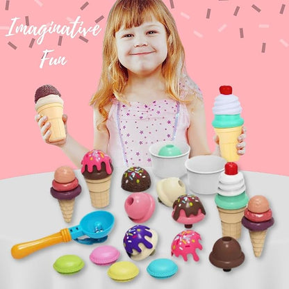 32 PCS Ice Cream Cart Toys for Toddlers, Kids Pretend Play Food Scoop & Serve Macaroon Dessert Set, Kitchen Accessories Icecream Shop Wagon