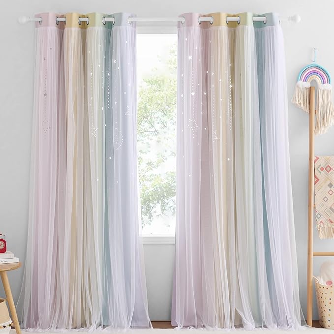 NICETOWN Nursery Blackout Curtains for Girls,Adult 2 Panel Sets, Moon Stars Kids Curtains Double Layer Window Drapes Coverings for Bedroom Living Room, 52 x 84 Inch, Rainbow