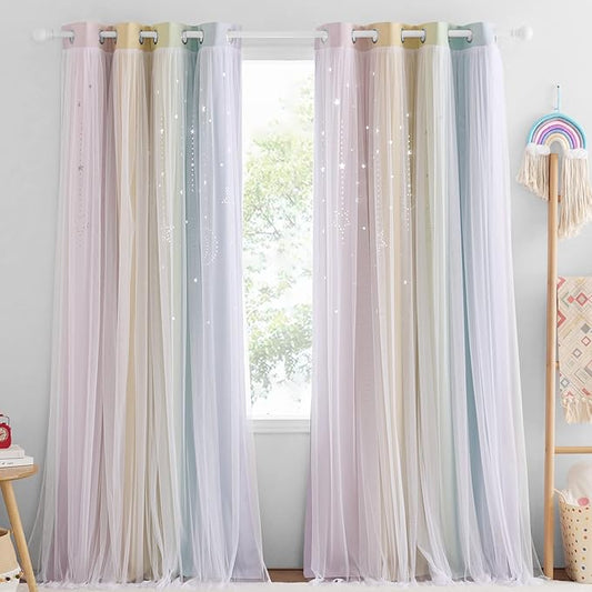 NICETOWN Nursery Blackout Curtains for Girls,Adult 2 Panel Sets, Moon Stars Kids Curtains Double Layer Window Drapes Coverings for Bedroom Living Room, 52 x 84 Inch, Rainbow