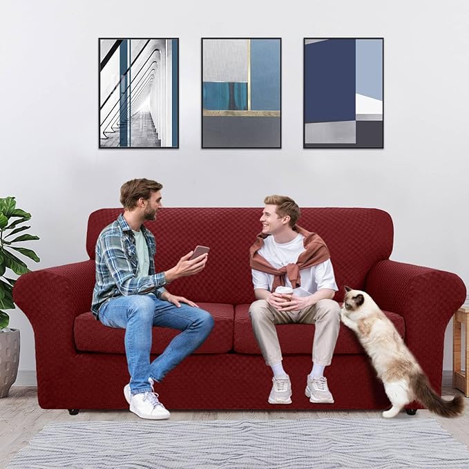 MAXIJIN 3 Piece Stretch Couch Covers for 2 Cushion Couch Sofa Slipcovers with 2 Extra Large Seat Cushion Couch Jacquard Loveseat Sofa Couch Cover for Dogs (2 Cushion Sofa, Wine Red)