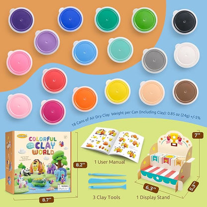 Air Dry Clay Kit for Kids - Comes with Instructional Guide Featuring 4 Scenes & 26 Projects Tutorials, 18 Cans of Modeling Clay, Includes Display Stand, Gift for Girls and Boys