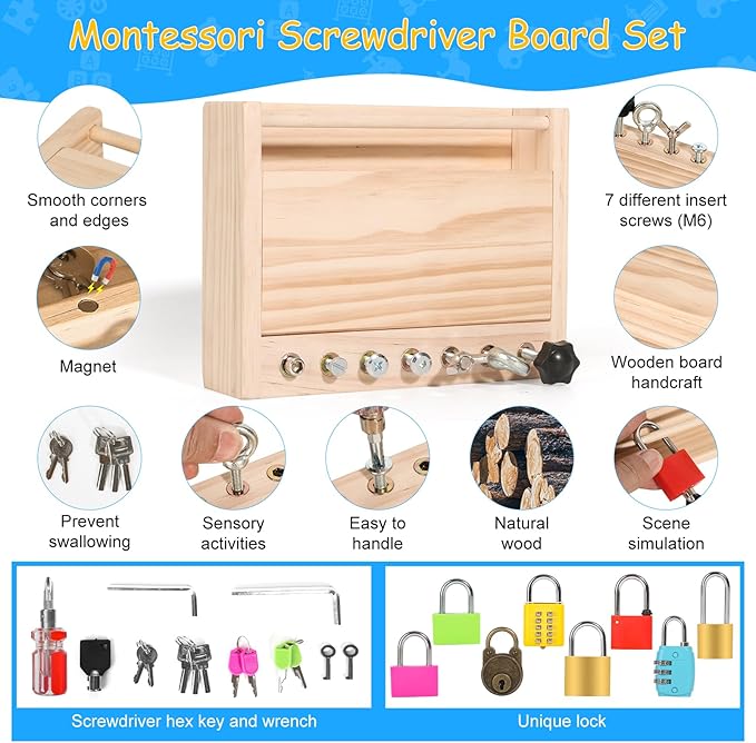 INIFEIDALA Montessori Toys for 3 4 5 Year Old,Montessori Screwdriver Board Set-Lock and Key Toy,Kids Tool Set,Preschool Learning Sensory - Fine Motor Skills - STEM Toys