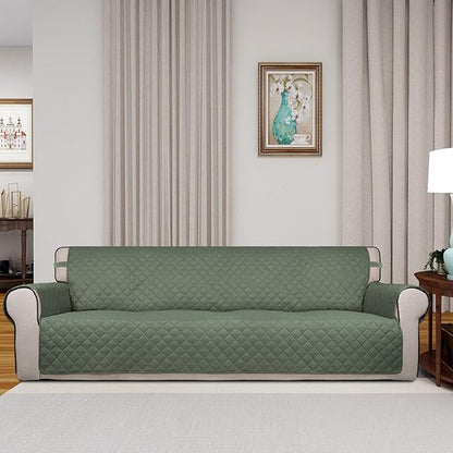 PureFit Reversible Quilted Sofa Cover, Water Resistant Slipcover Furniture Protector, Washable Couch Cover with Non Slip and Elastic Straps for Kids, Dogs, Pets (XX Large, Greyish Green/Beige)