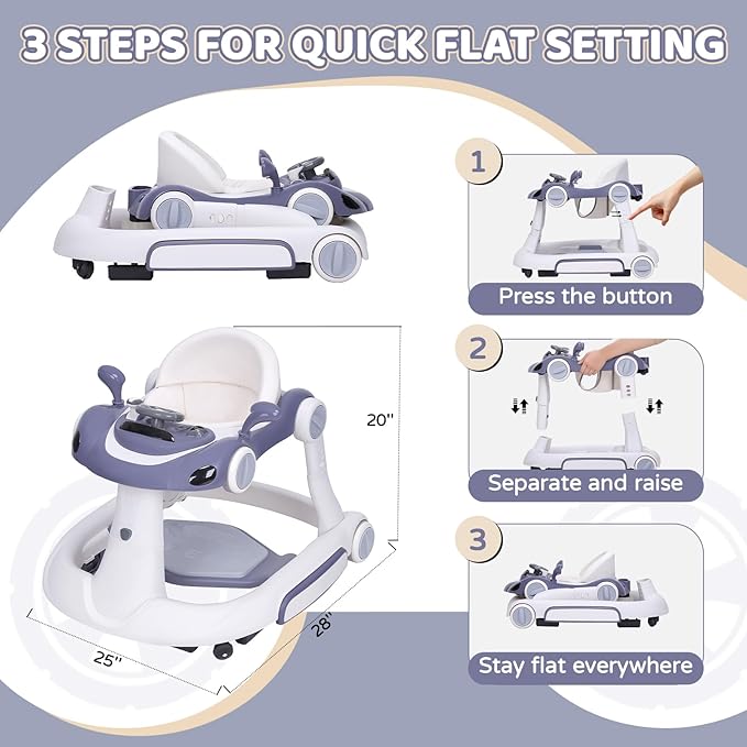 Baby Walker with Wheels, 5-in-1 Foldable Infant Toddler Walker for Boys Girls 6-18 Month, Music Walker for Baby with Car Steering Wheel &Removable Footrest,Baby Push Walker Dark Blue