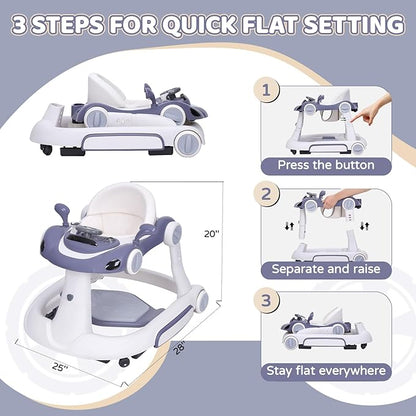 Baby Walker with Wheels, 5-in-1 Foldable Infant Toddler Walker for Boys Girls 6-18 Month, Music Walker for Baby with Car Steering Wheel &Removable Footrest,Baby Push Walker Dark Blue