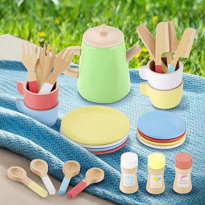 GAGAKU Wooden Tea Set and Wooden Play Dishes 2 in 1 Play Food Set Toy 28 PCS Montessori Wooden Play Kitchen Accessories Kitchen Toy for Toddlers Wooden Play Cooking Set for 3-8 Years Girls and Boys