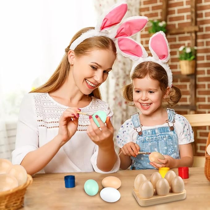 WHOHOLL Colorful Wooden Eggs, 6 Pcs Play Food Eggs with Holder, Durable Fake Food Decor for Pretend Play, Toy Eggs for Crafts DIY Christmas Decoration Basket Stuffers